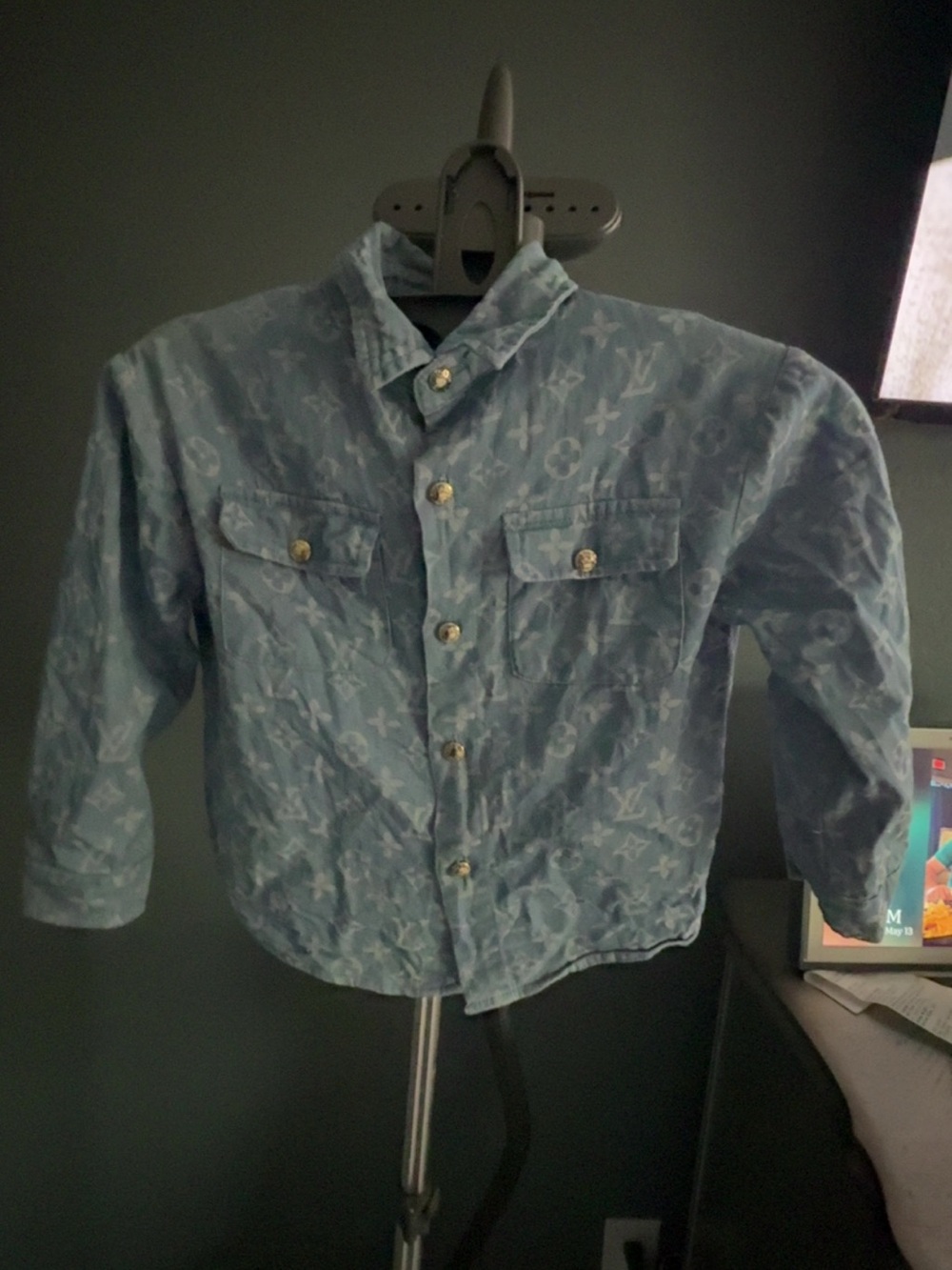 Kids Light Blue denim  Logo-Pattern Button-Up shirt